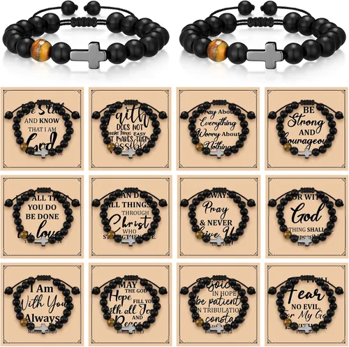 Cunno Juego de 12 Pulseras de Cruz Cristiana al Por Mayor, Pulseras de Cuentas de Cruz Religiosa para Mujeres y Hombres, 12 Cosas de Cuentas