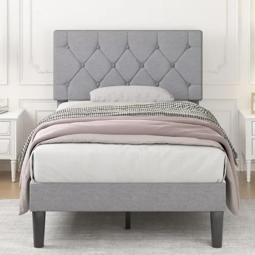 Miniatura 10 de VECELO Base de cama tamaño individual con cabecera capitoné con botones, base de cama tapizada con soporte de listones de madera, no necesita Beige