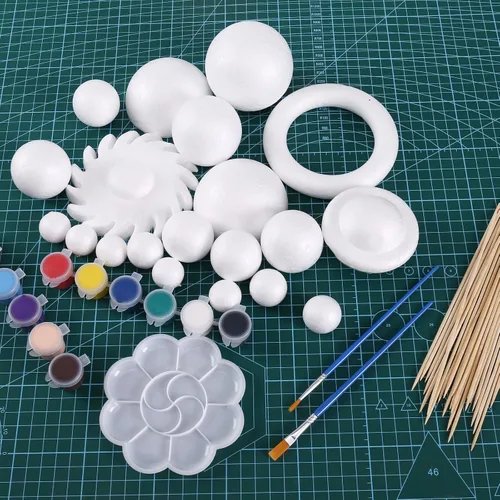 Miniatura 5 de FFchuanhe Kit de 72 bolas de espuma modelo de sistema solar, incluye palos de bambú de espuma para manualidades, pigmentos de color, bandeja