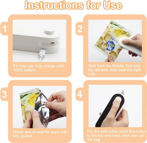 Miniatura 9 de Sellador de bolsas 2 en 1 con cortador e imán, mini máquina de sellado térmico recargable para papas fritas, aperitivos, almacenamiento