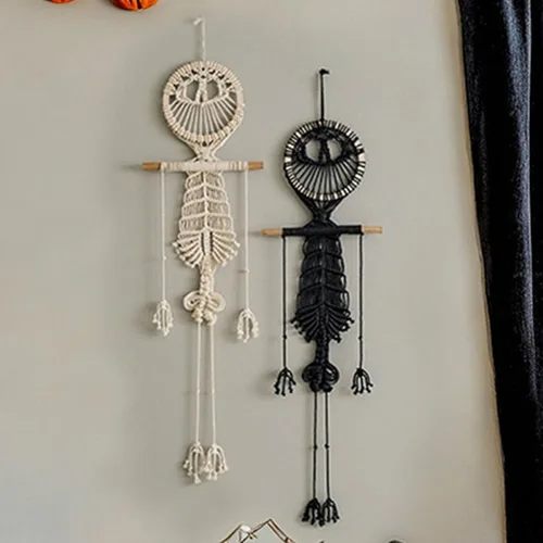Miniatura 7 de VIVIANYO HD Tapiz bohemio de macramé para colgar en la pared, decoración de Halloween, esqueleto humano, 42 pulgadas, bonita decoración de calavera