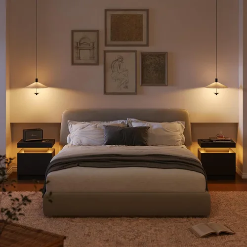 Miniatura 6 de Mesita de noche LED negra moderna con 2 cajones para mesa auxiliar de dormitorio