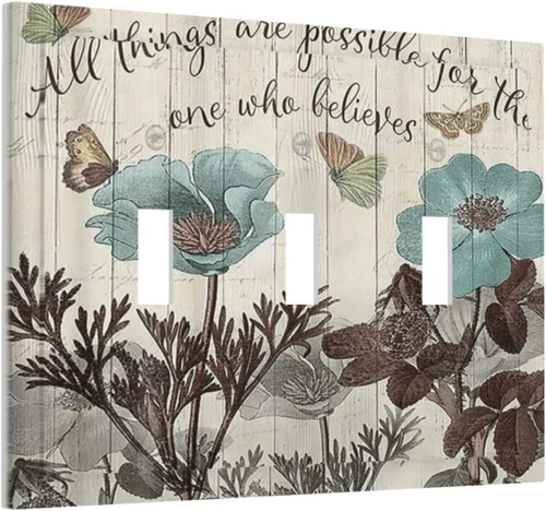 Cubierta de Interruptor de Luz de Palanca de 3 Gang con Flores de Tulipán Azul Verde, Estilo Rústico Vintage de Granja, Placa Decorativa Triple de