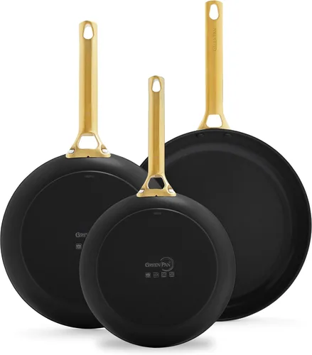 Miniatura 3 de GreenPan Juego de sartenes de 3 piezas de 8, 10 y 12 pulgadas, cerámica anodizada dura, antiadherente, sin PFOA ni PFAS, asas de acero inoxidable
