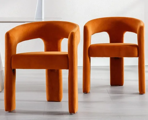Miniatura 2 de VESCASA Silla de Comedor de Barril de Terciopelo con Respaldo Abierto, Sillón Lateral de Acento Moderno Tapizado con 3 Patas para Terciopelo naranja