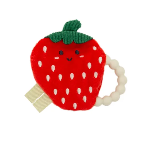 Pearhead Mordedor de fresa para bebé, juguete sensorial de felpa suave con anillo de cuentas de silicona sin BPA y sonido arrugado, alivia el dolor