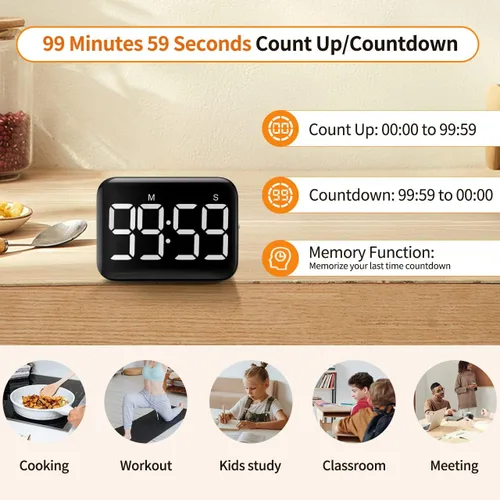 Miniatura 3 de VOCOO - Temporizador magnético de cocina para cocinar con cuenta regresiva ascendente y descendente, temporizador digital con batería y pantalla