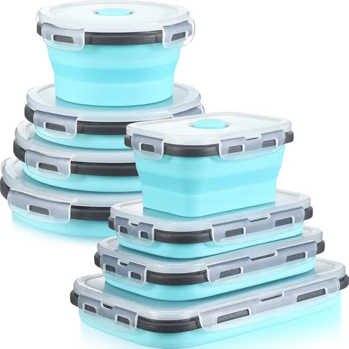 Zopeal - 8 recipientes plegables de almacenamiento de alimentos de silicona con tapas, 4 tazones plegables de silicona rectangulares y 4 cuencos Azul