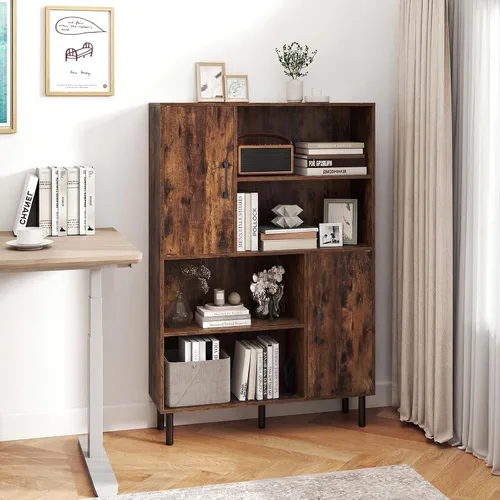 Miniatura 8 de Giantex Armario de almacenamiento de 47 pulgadas con puertas, estantes abiertos, dispositivo antivuelco, estantería de 4 niveles para libros