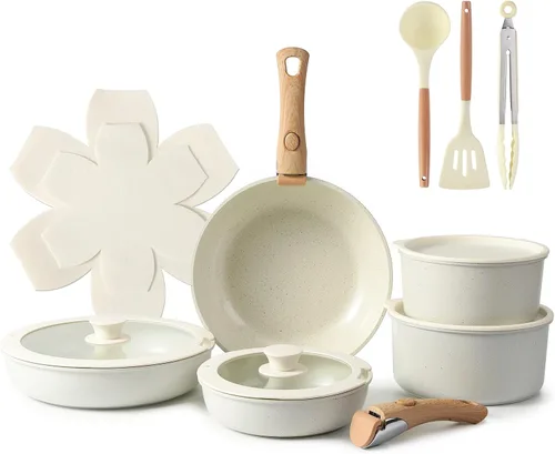 Miniatura 7 de Juego de utensilios de cocina de cerámica de 15 piezas con mango desmontable para ollas y sartenes antiadherentes (negro)