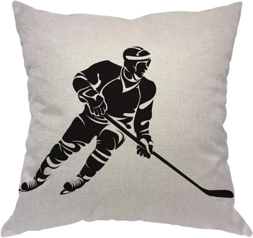 Funda de almohada para jugador de hockey, silueta negra, popular juego deportivo, diseño moderno, divertido, cuadrado, funda de cojín para el hogar,