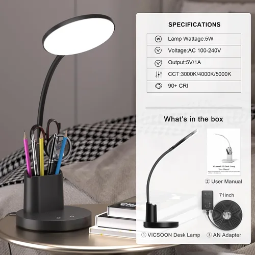 Miniatura 7 de Lámpara de escritorio Vicsoon, lámpara de escritorio LED para oficina en casa, lámpara de mesa táctil con 3 modos de color y brazo ajustable en Negro