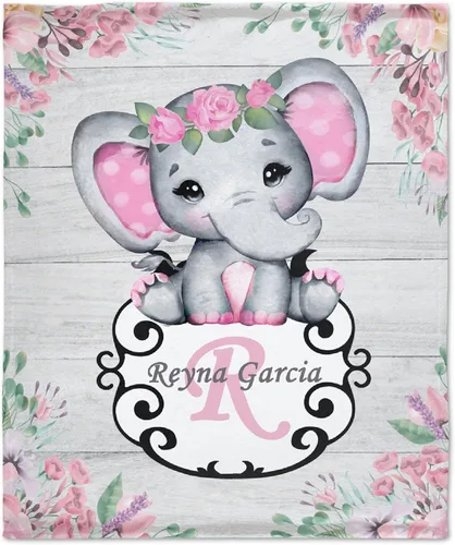 Miniatura 20 de Manta personalizada de elefante azul floral con nombre para niñas, manta con nombre personalizado para niños pequeños, regalos personalizados