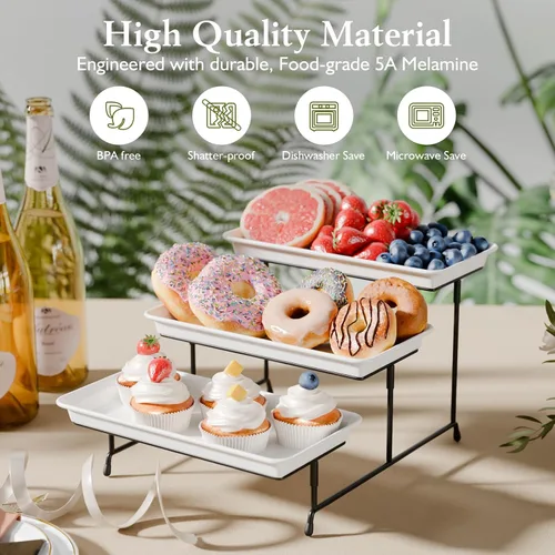 Miniatura 3 de Set de bandejas de servir de 3 niveles de melamina, bandejas de 29 x 14 pulgadas para servir alimentos, bandejas reutilizables blancas con soporte
