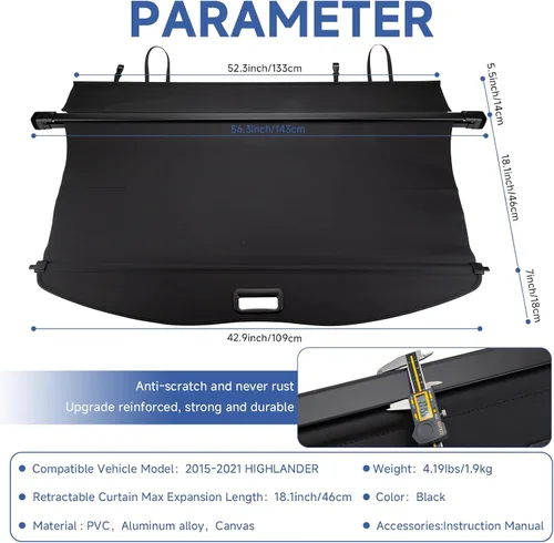Miniatura 6 de FARBIN Cubierta de carga para maletero para Toyota Highlander 2015 2016 2017 2018 2019 2020 2021, cubierta retráctil para maletero impermeable