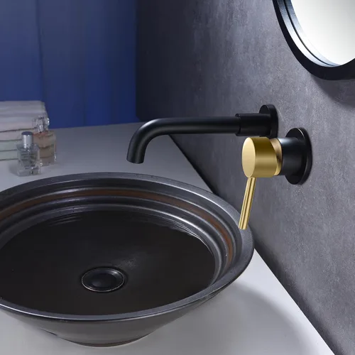 Miniatura 3 de SUMERAIN Grifo de baño de montaje en pared negro y dorado Grifo de montaje en pared para lavabo de baño, con dos manijas y válvula de instalación