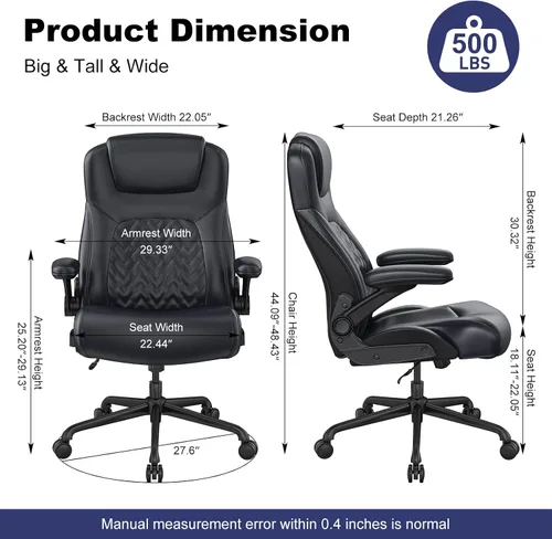 Miniatura 3 de Silla de oficina ejecutiva ergonómica para personas grandes y altas, capacidad de 500 libras con soporte lumbar y reposabrazos abatibles, silla