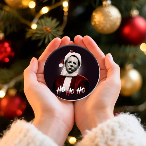 Miniatura 4 de Adornos Colgantes de Navidad Ho-Ho-Ho de 2 Lados Impresos 2025, Regalos de Terror de Navidad para Amantes de las Películas, Adorno de Cerámica