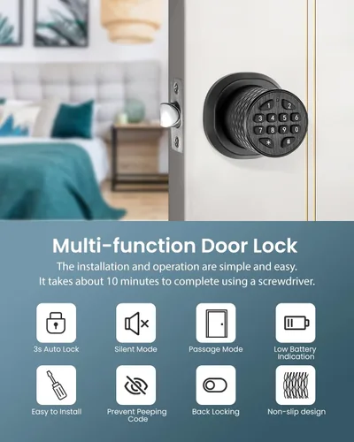 Miniatura 2 de Pomo de puerta inteligente con teclado, cerradura electrónica de puerta de entrada sin llave, bloqueo automático 3S, mango antideslizante