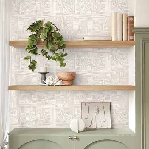 Miniatura 6 de VEELIKE Papel tapiz geométrico retro para despegar y pegar, papel tapiz geométrico bohemio para baño, dormitorio, 17.7 x 118 pulgadas, papel tapiz