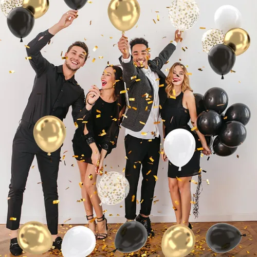 Miniatura 2 de Patimate Juego de globos de confeti negro y dorado, kit de 50 piezas de globos de látex de confeti metálico dorado negro y blanco de 12 pulgadas