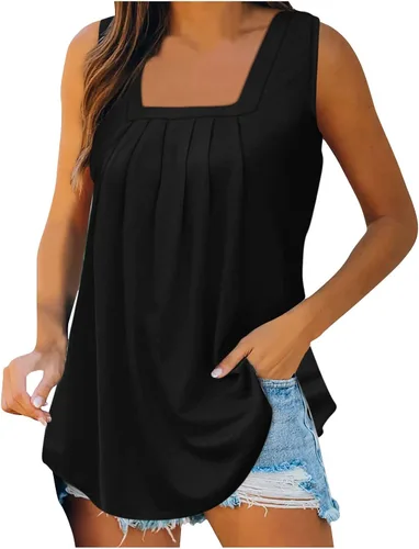 Miniatura 2 de STYESH Camiseta sin mangas plisada con encaje frontal para mujer, cuello redondo, sin mangas, blusa sin botones