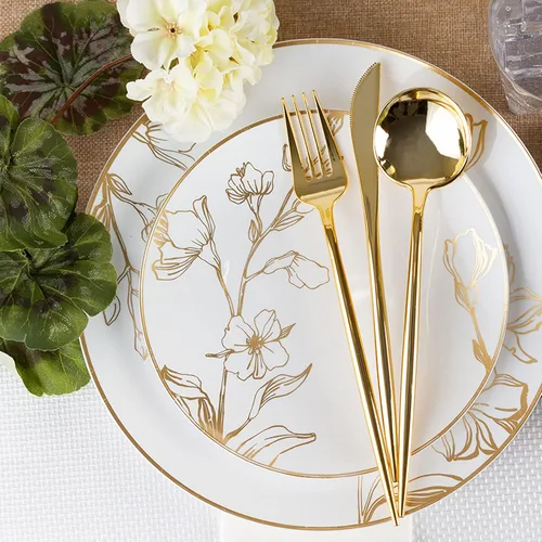 Miniatura 3 de EcoQuality Platos redondos de plástico blanco de 7.5 pulgadas con diseño floral dorado antiguo, platos desechables de fiesta como porcelana, platos