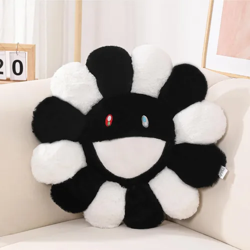 Miniatura 10 de FIONOUT Almohada de flores negras, almohada en forma de flor, cojín de suelo con cara de flor, almohada de felpa de girasol, lindas almohadas Black-a