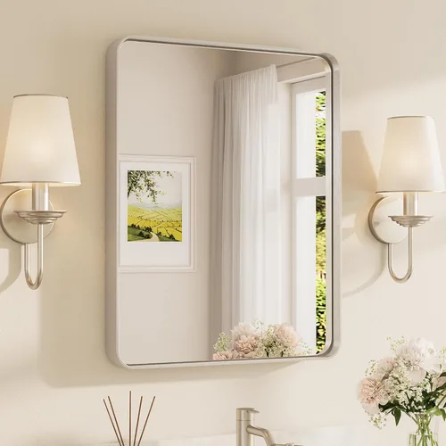Miniatura 38 de TETOTE Espejo de marco dorado cepillado de 16 x 24 pulgadas, espejo de tocador de baño de latón dorado para pared, espejo enmarcado rectangular
