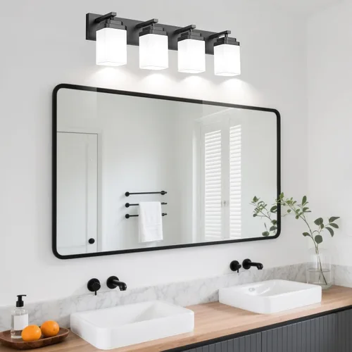 Miniatura 7 de Lámparas de baño de oro cepillado, 4 luces de baño sobre el espejo, diseño cuadrado y placa trasera grande rectangular, accesorios de iluminación