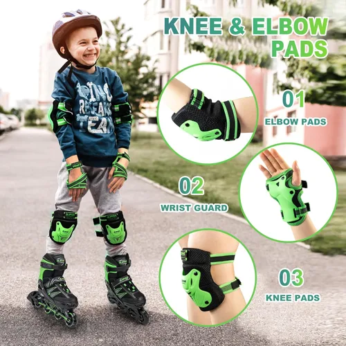 Miniatura 2 de 2PM SPORTS Rodilleras para niños, muñequeras y coderas con bolsa de cordón, juego de equipo de protección para niñas y niños, patinaje sobre ruedas