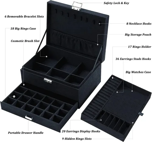 Miniatura 4 de QBestry Caja organizadora de joyas para mujeres y hombres caja de joyería de terciopelo negro de 3 capas grande de almacenamiento de joyas