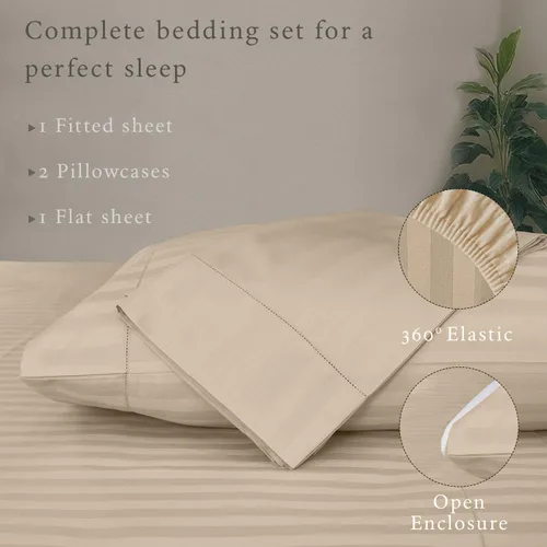 Miniatura 3 de Threadmill Juego de ropa de cama de algodón de lujo de 500 hilos tamaño Queen de 4 piezas, sábanas suaves y sedosas de color beige claro con Rayas