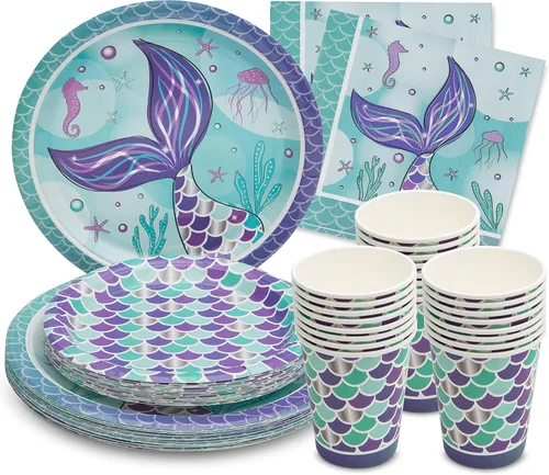 Royal Bluebonnet Platos de fiesta de sirena – 24 juegos de platos de papel de sirena púrpura y suministros de servilletas, productos de papel