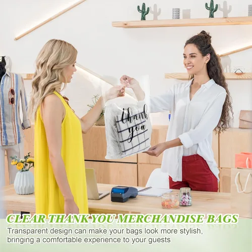 Miniatura 4 de Crtiin 100 piezas de bolsas de mercancía transparentes con texto "Thank You" y asas troqueladas, bolsas de plástico para camisetas, embalaje