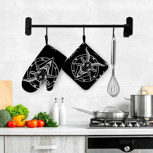 Miniatura 4 de Mxocom Pentagram Demon - Juego de guantes de silicona para horno y agarraderas, Baphomet con símbolo de cabeza de cabra satánica, tatuaje blanco