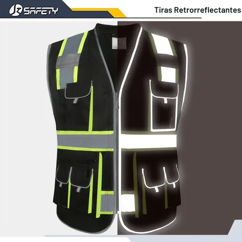 Miniatura 3 de JKSafety Chaleco de Seguridad Negro de Alta Visibilidad con Cremallera Frontal de 10 Bolsillos Cuello Acolchado Cintas Altamente Reflectantes