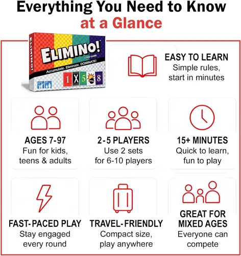 Miniatura 6 de Juego de cartas familiar Elimino: Juego rápido y simple que reúne a todos Fácil de aprender, para mayores de 7 años, ideal para niños, padres