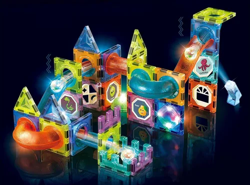 UNIQUE KIDS Bloques de construcción de azulejos magnéticos con carrera de mármol iluminada y bola LED, juguetes STEM STEAM para niños de 3 a 10 años