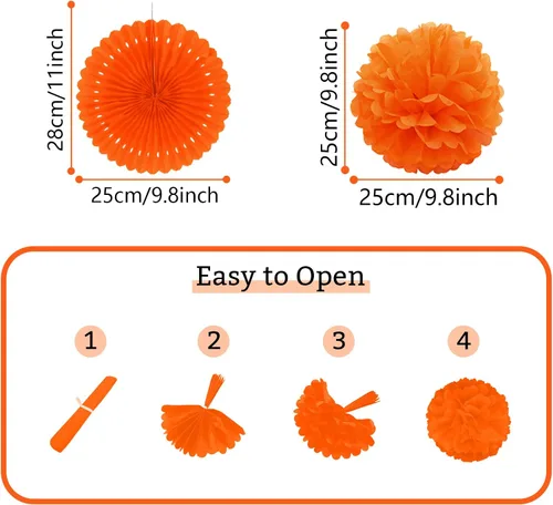 Miniatura 4 de Decoraciones de fiesta de color naranja, guirnaldas para fanáticos de Papar, pompones para Halloween, cumpleaños, novia, baby shower, boda