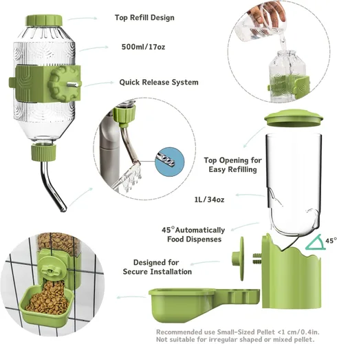 Miniatura 2 de Dispensador automático de comida y agua para mascotas, conjunto de alimentador automático por gravedad con botella de agua para jaula, estación