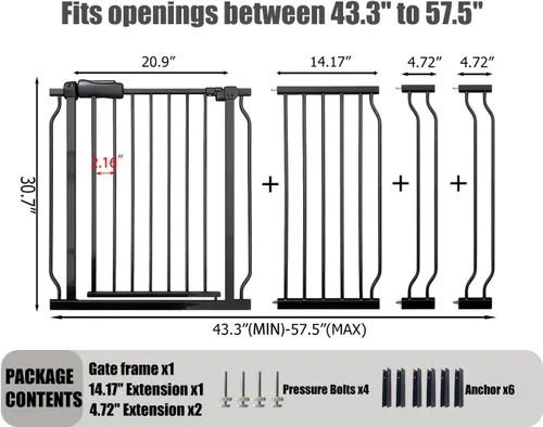 Miniatura 2 de Puerta extra ancha para bebé, 52.7-57.5 pulgadas, gran paso, metal negro, montada a presión, puerta larga de seguridad para perros para puertas