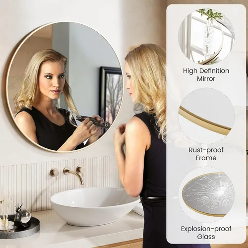 Miniatura 6 de Espejo redondo dorado de 30 pulgadas para pared, espejo de baño circular grande para sobre el fregadero, marco de metal dorado mate, vidrio