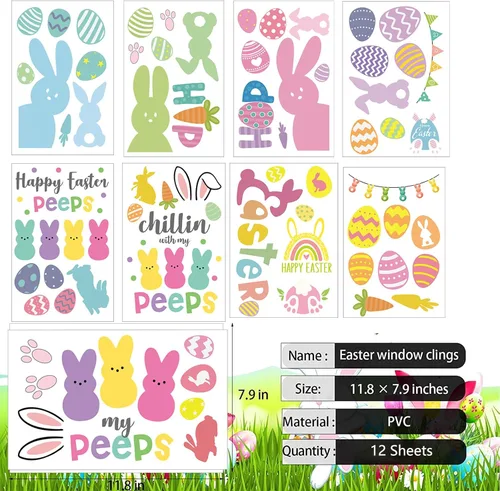 Miniatura 4 de Decoraciones de conejito para ventana, 9 hojas reutilizables estáticas para ventana, huevos de conejo de Pascua, calcomanías de doble cara
