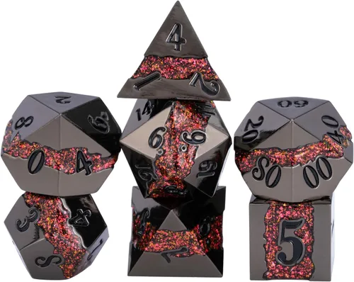 Miniatura 17 de Dados poliédricos DND de metal, juego de dados metálicos con purpurina a rayas grandes, juego de 7 dados plateados antiguos para juegos de rol