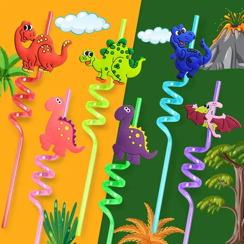 Miniatura 2 de 24 pajitas de plástico reutilizables de dinosaurio + 6 tatuajes temporales de dinosaurios para niños y niñas Suministros de fiesta de cumpleaños