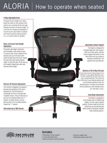 Miniatura 8 de Oak Hollow Furniture Aloria Series - Silla de oficina ergonómica ejecutiva para computadora, cojín de asiento de piel auténtica, respaldo de malla