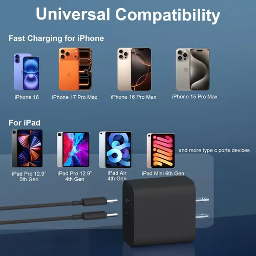 Miniatura 5 de Cargador para teléfono 15/16/17 Pro Max de carga rápida, bloque de carga USB C de doble puerto de 20 W con cable de carga USB C a C de 6.6 pies