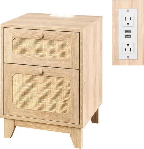 Miniatura 4 de Betterhood Mesitas de noche de ratán con estación de carga, mesitas de noche de madera con cajón y gabinete, mesitas de noche bohemias con USB