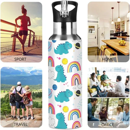 Miniatura 5 de Insulated Stainless Steel Water Bottle with Straw 20 Oz, Leakproof Water Bottles for Gym Outdoor Travel School, Cute Dinosaurs Rainbows White